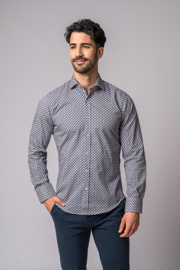 CHEMISE EN DIAMANT BLEU ET CAMEL