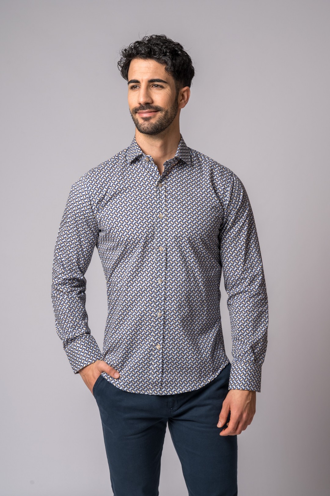 BLUE AND CAMEL DIAMOND PATTERN SHIRT