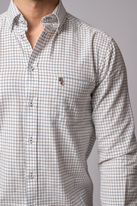 CHEMISE À CARREAUX BLEUS ET BRUNS