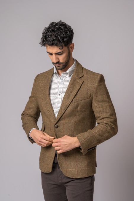 WOOL JACKET HERRINGBONE WITH RED STRIPE