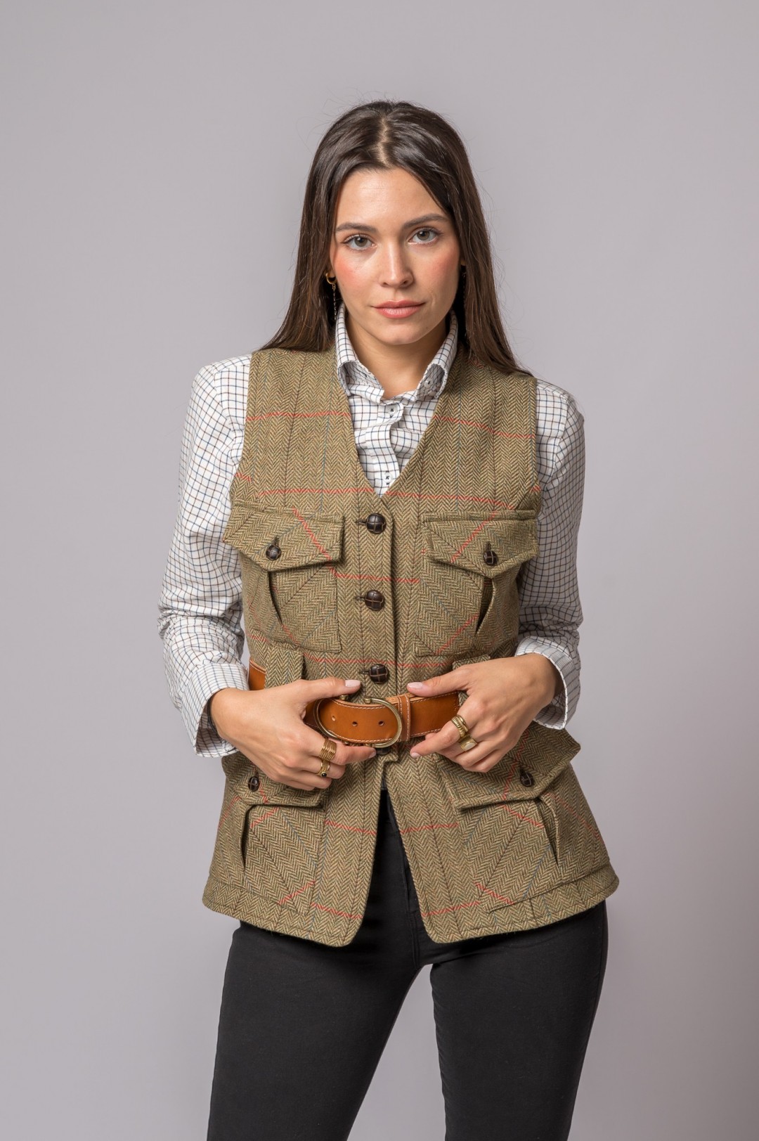 WOOL VEST WITH 4 POCKETS, PINK STRIPED