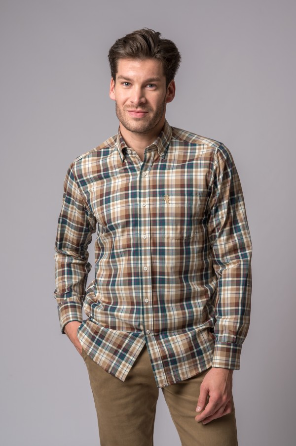 CHEMISE À CARREAUX CAMEL, ÉCRU ET VERT BOUTEILLE