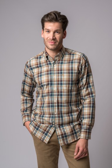 CAMISA CUADROS CAMEL, CRUDO Y VERDE BOTELLA