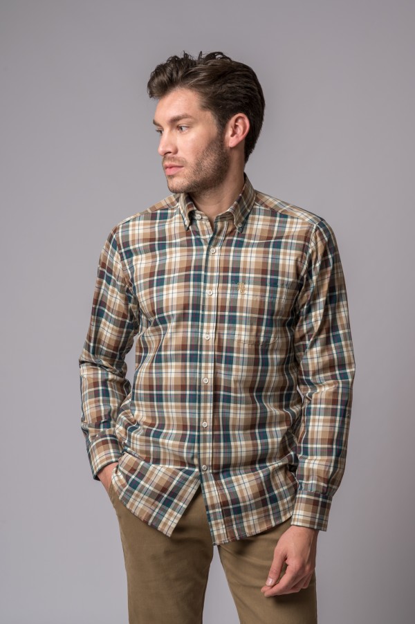 CAMISA XADREZ CAMEL, CRU E VERDE-GARRAFA 2