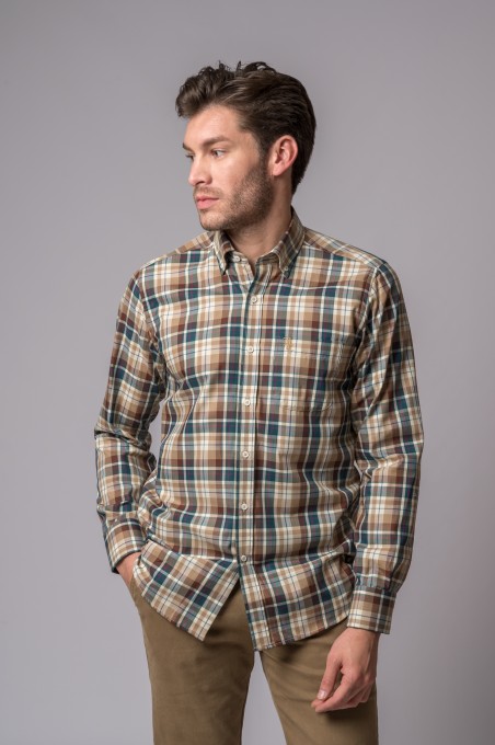 CAMISA CUADROS CAMEL, CRUDO Y VERDE BOTELLA
