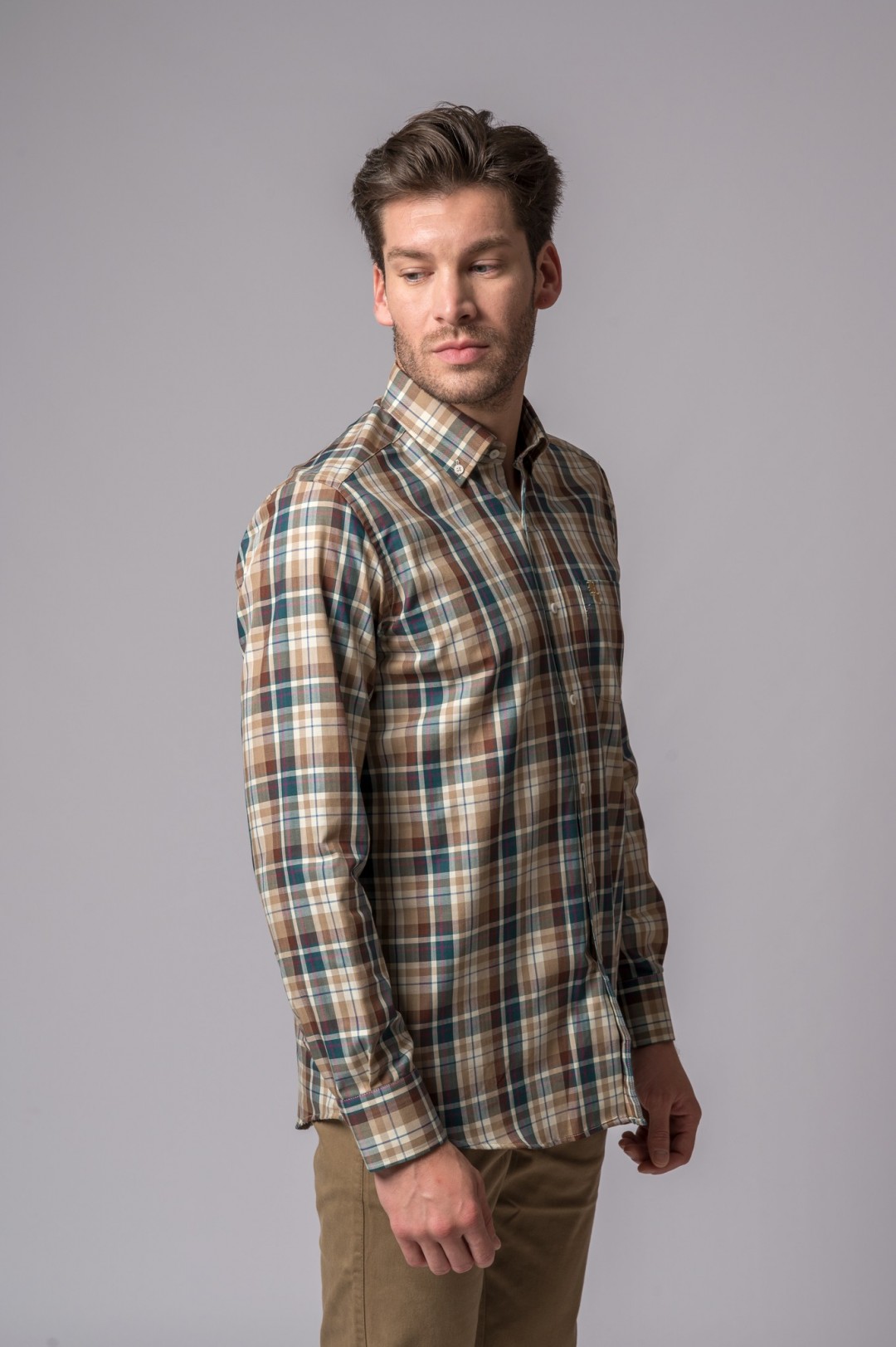 CAMICIA A QUADRI CAMMELLO, ECRU E VERDE BOTTIGLIA
