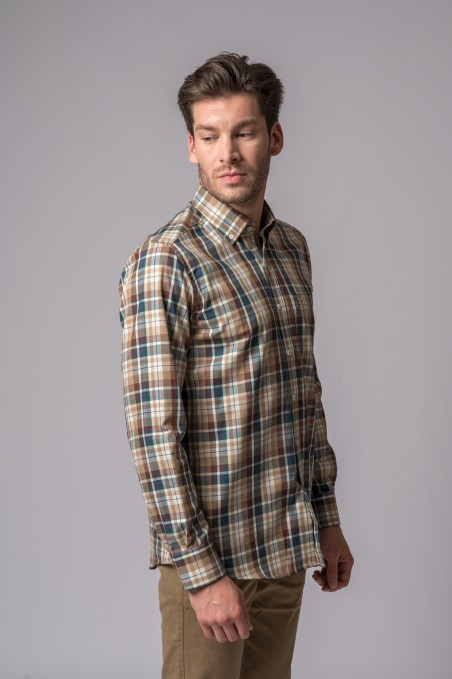CAMICIA A QUADRI CAMMELLO, ECRU E VERDE BOTTIGLIA