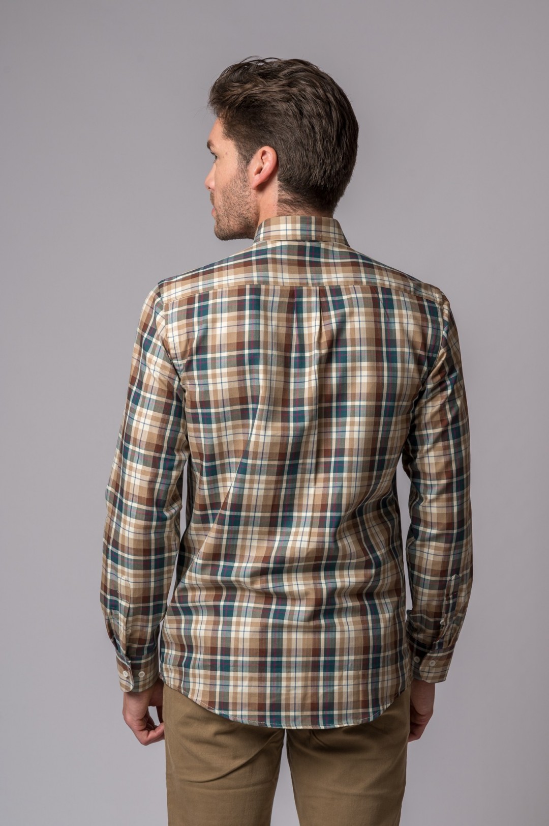 CAMISA XADREZ CAMEL, CRU E VERDE-GARRAFA