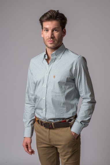 CAMISA ÀS RISCAS VERDE FLORESTA E BRANCA