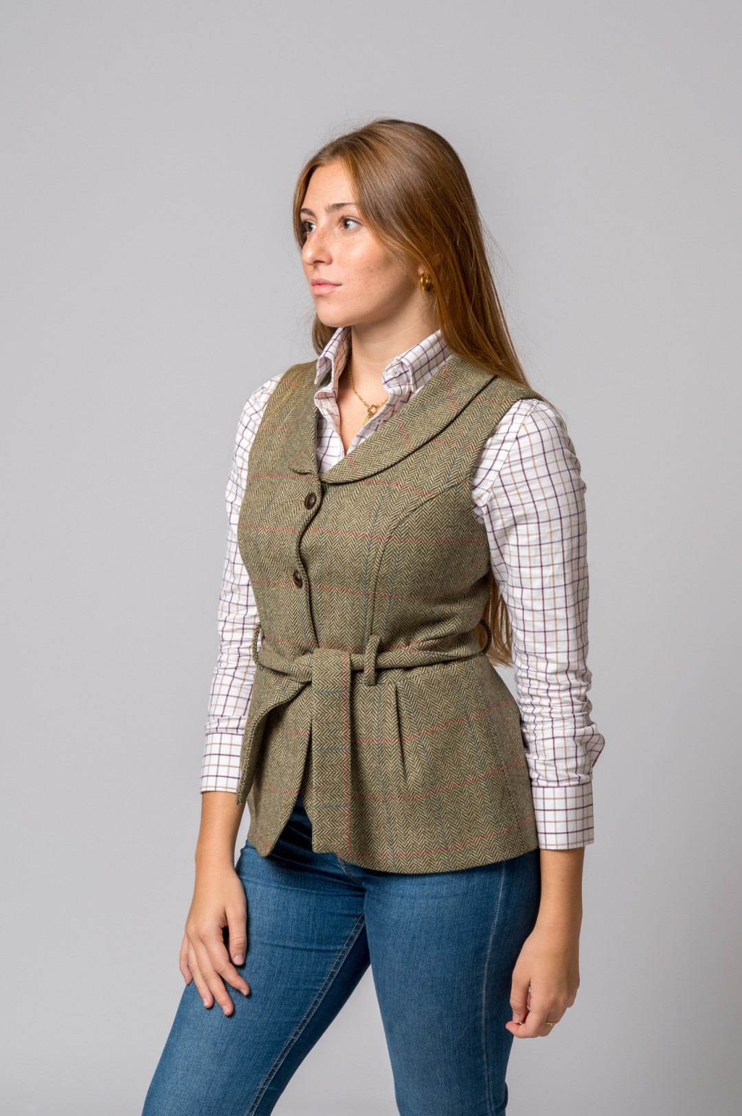 CHALECO CINTURÓN ESPIGA RAYA ROSA Y AZUL
