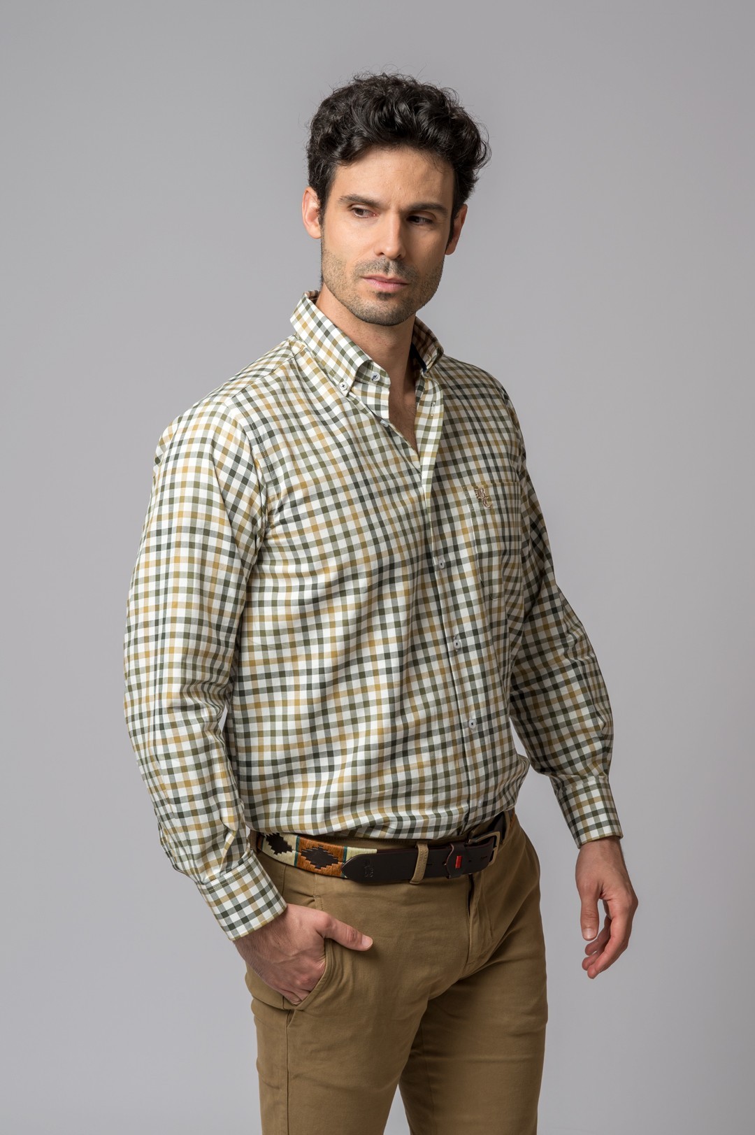 CAMISA CUADROS OLIVA Y MOSTAZA