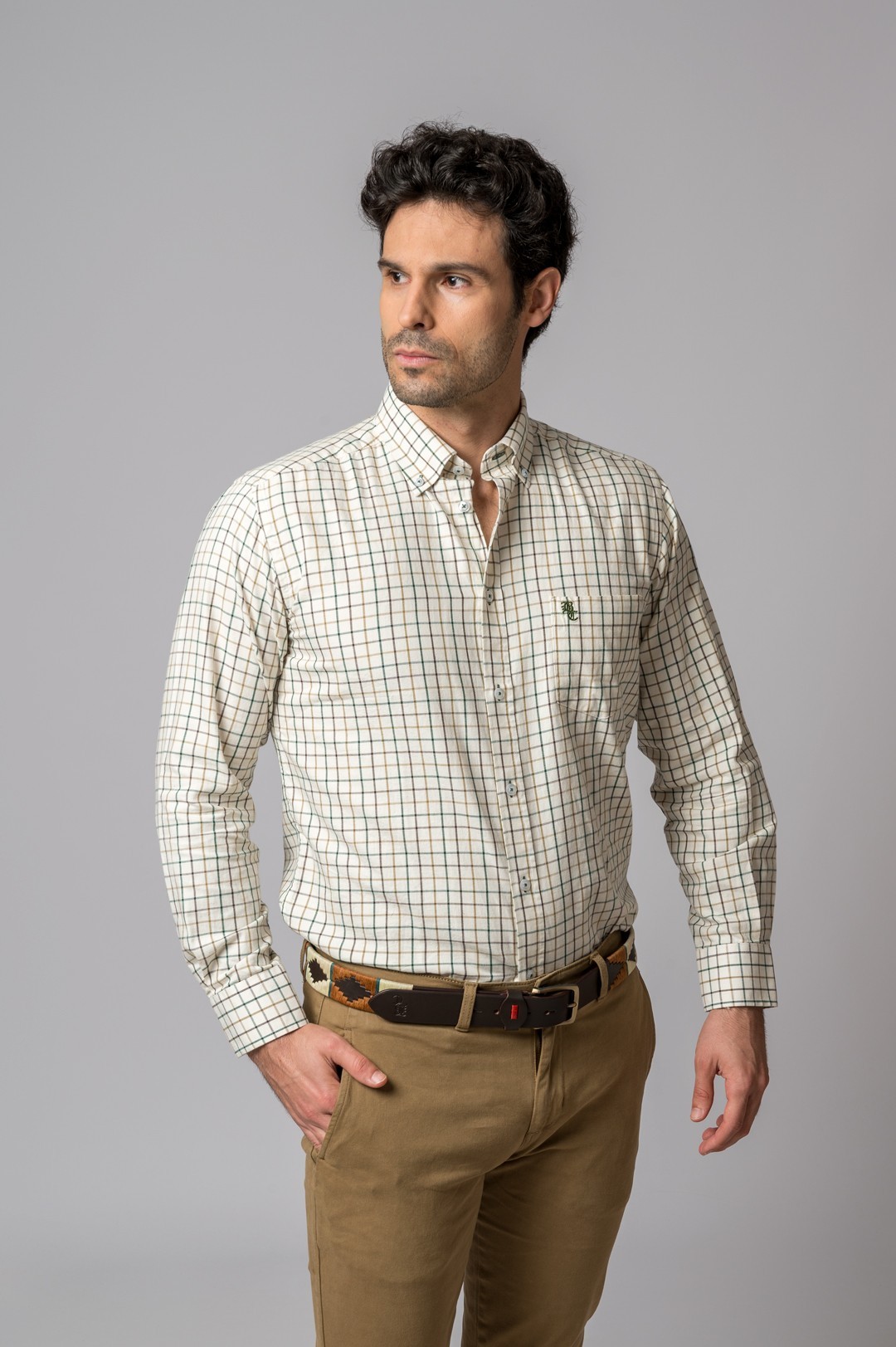 GREEN, BROWN AND CAMEL PLAID SHIRT