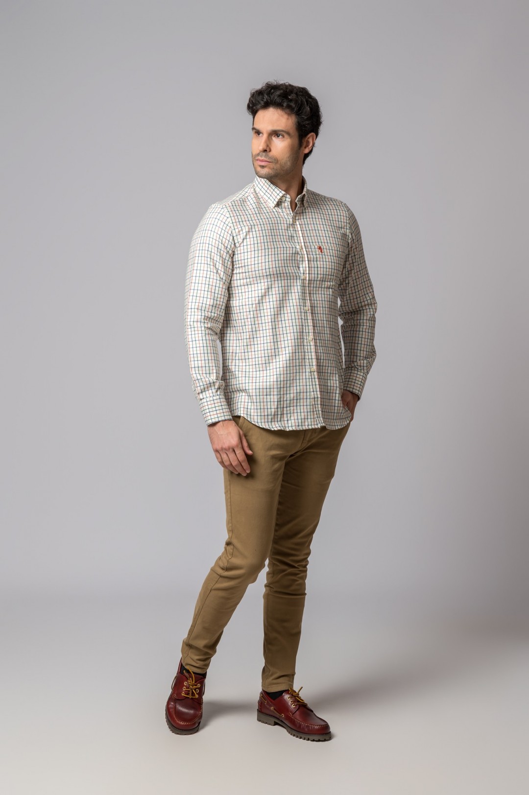BLUE, ORANGE AND GREEN PLAID SHIRT
