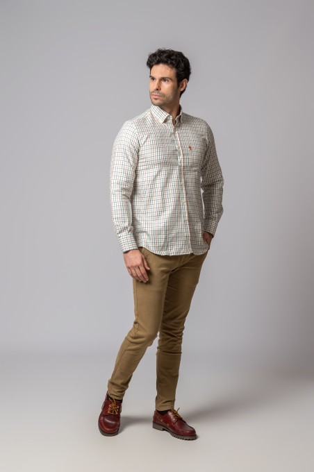 BLUE, ORANGE AND GREEN PLAID SHIRT
