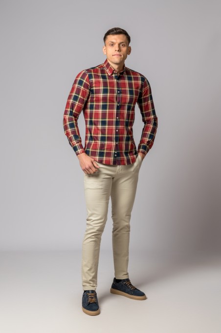 RED, BURGUNDY AND BLUE PLAID SHIRT