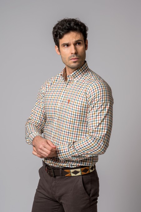 ORANGE, GREEN, BLUE AND CAMEL PLAID SHIRT