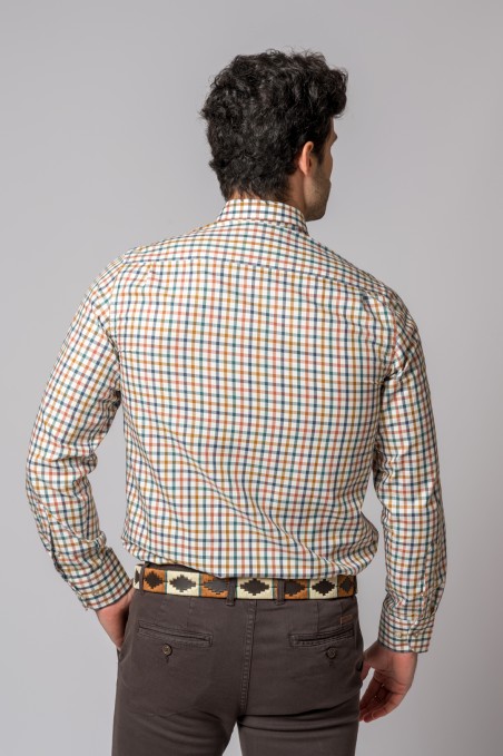 ORANGE, GREEN, BLUE AND CAMEL PLAID SHIRT