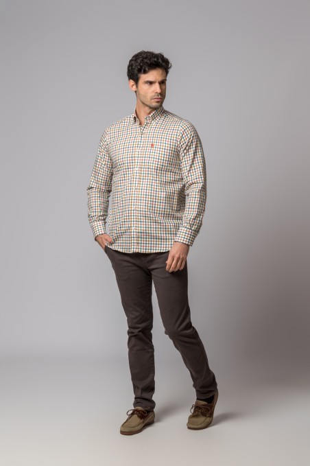 ORANGE, GREEN, BLUE AND CAMEL PLAID SHIRT