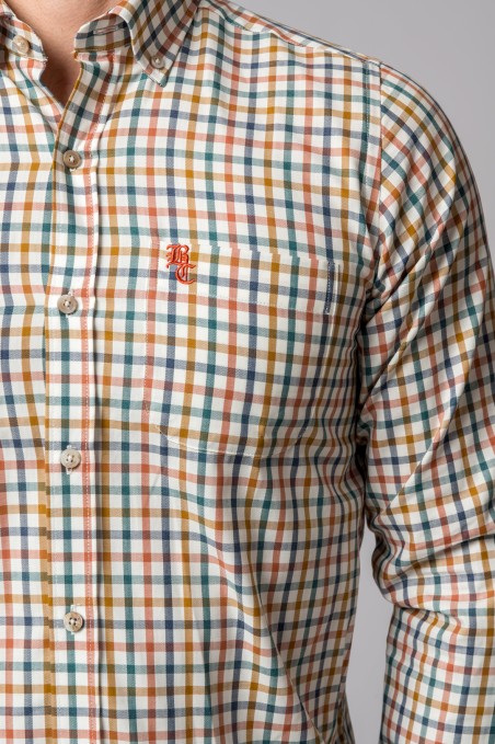 ORANGE, GREEN, BLUE AND CAMEL PLAID SHIRT