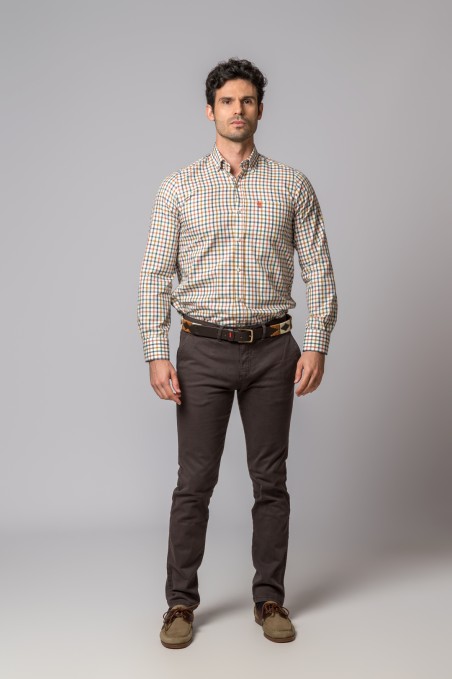 ORANGE, GREEN, BLUE AND CAMEL PLAID SHIRT