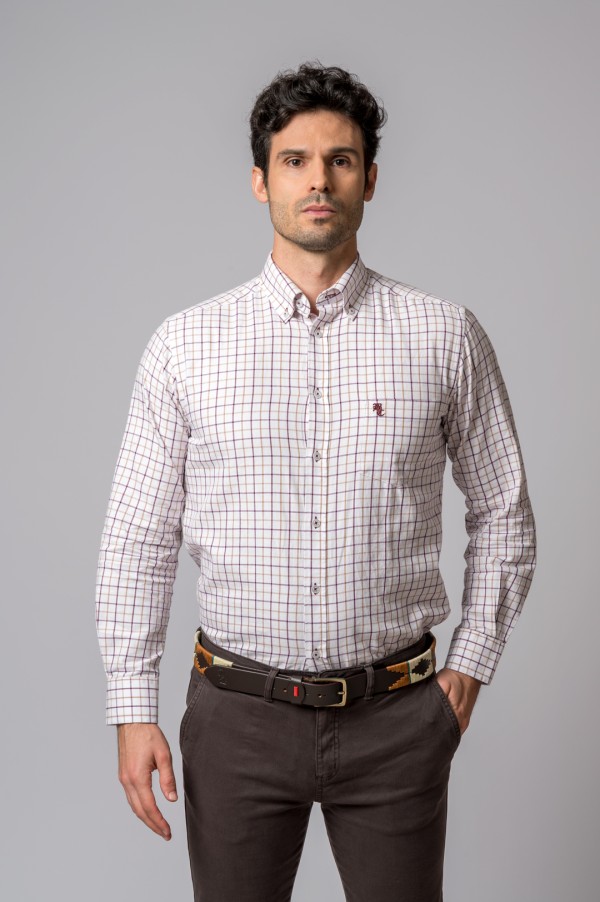 BURGUNDY AND CAMEL PLAID SHIRT
