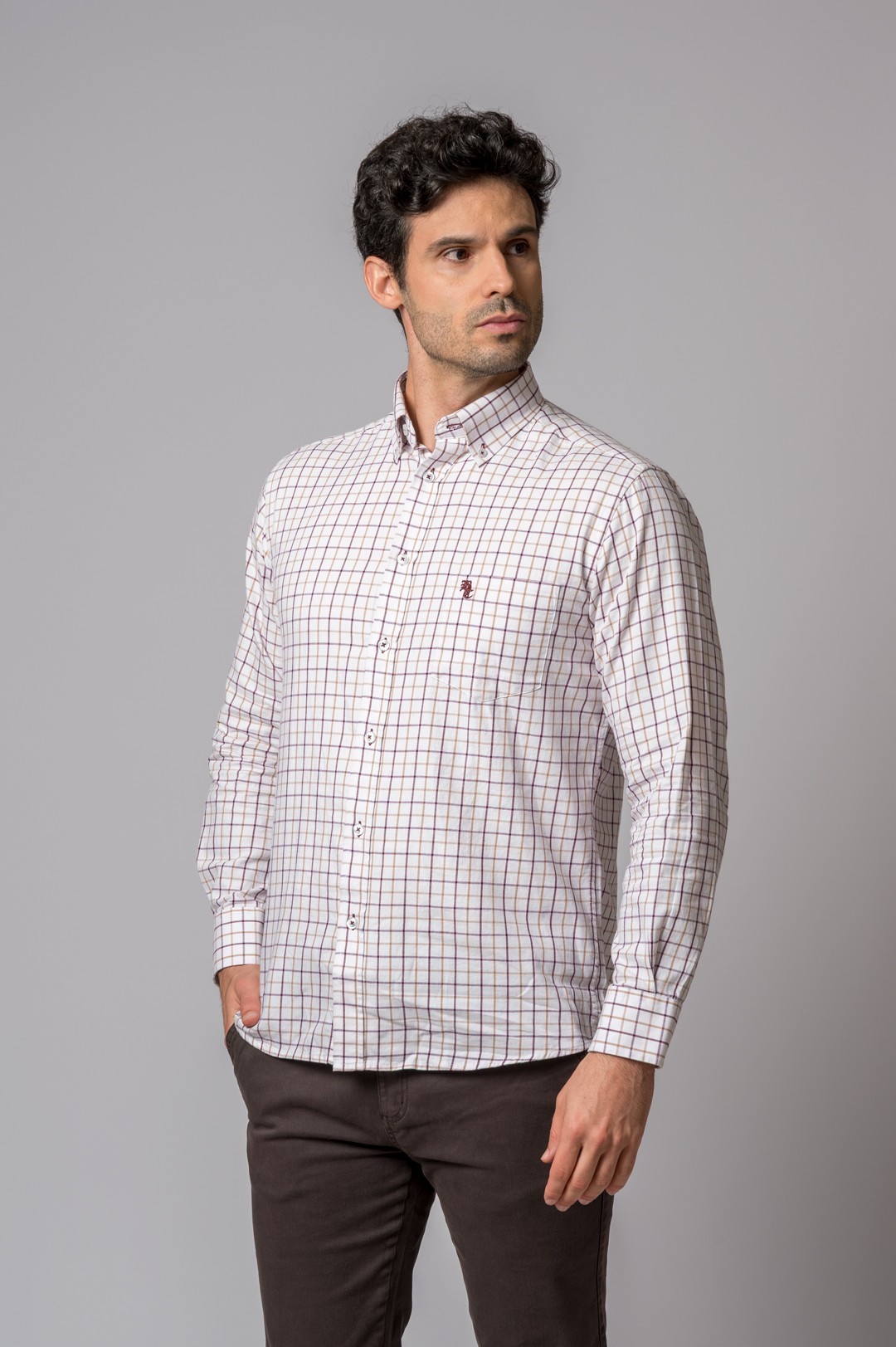 BURGUNDY AND CAMEL PLAID SHIRT