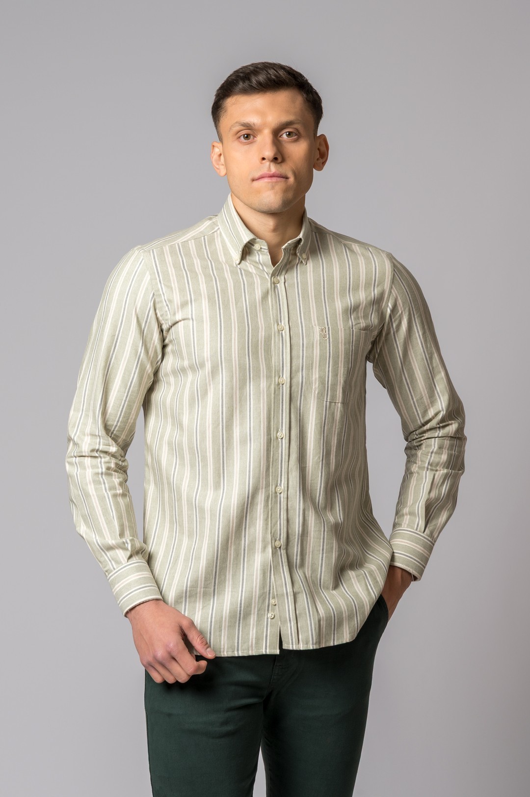 CAMISA RAYA VERDE, CREMA Y GRIS