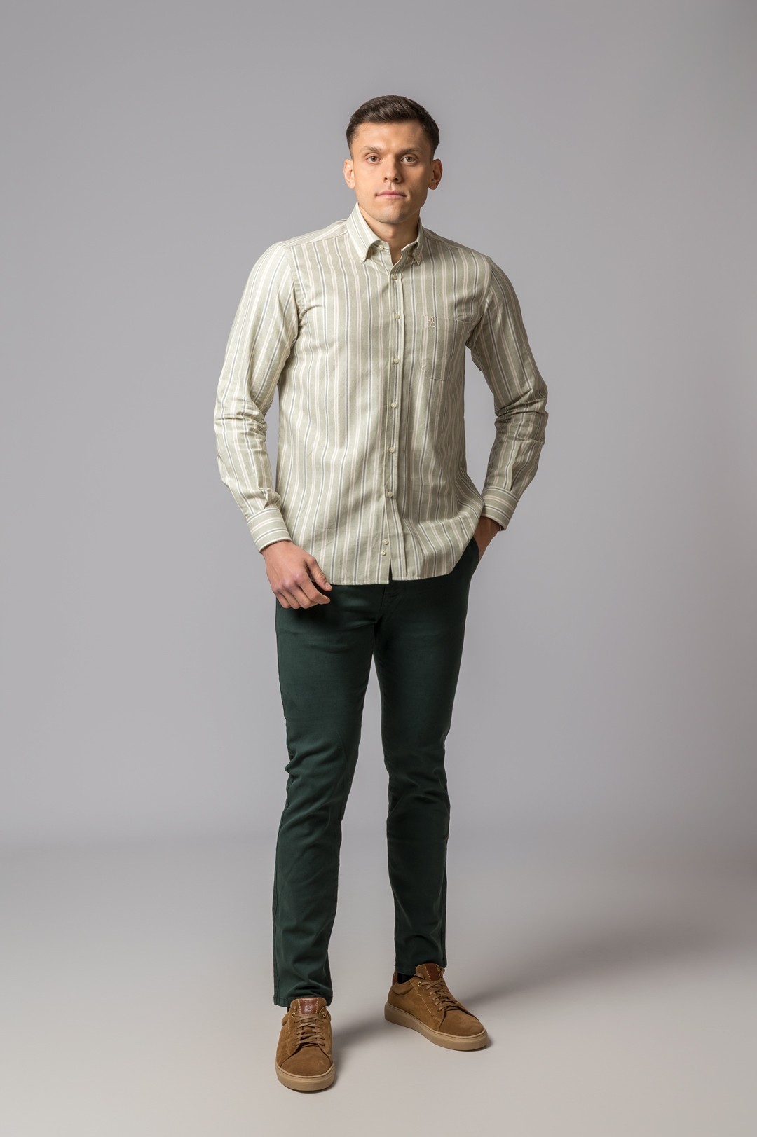 CAMISA RAYA VERDE, CREMA Y GRIS