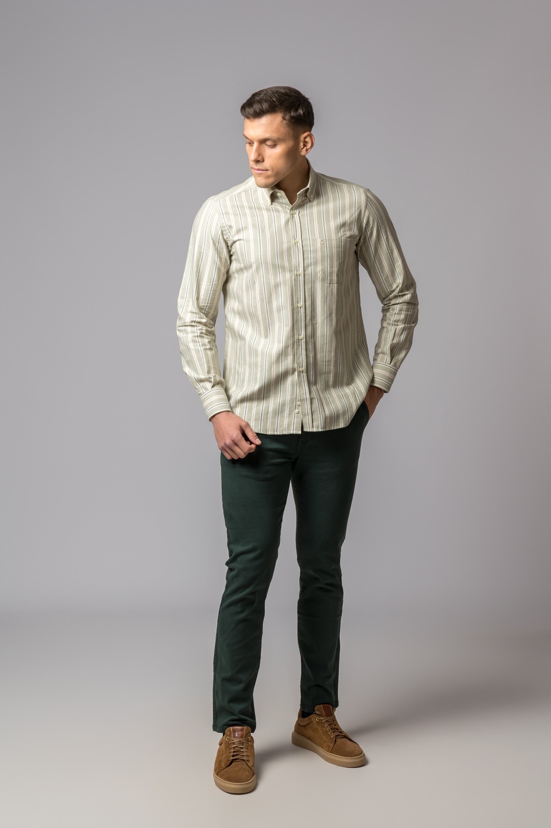 CAMISA RAYA VERDE, CREMA Y GRIS