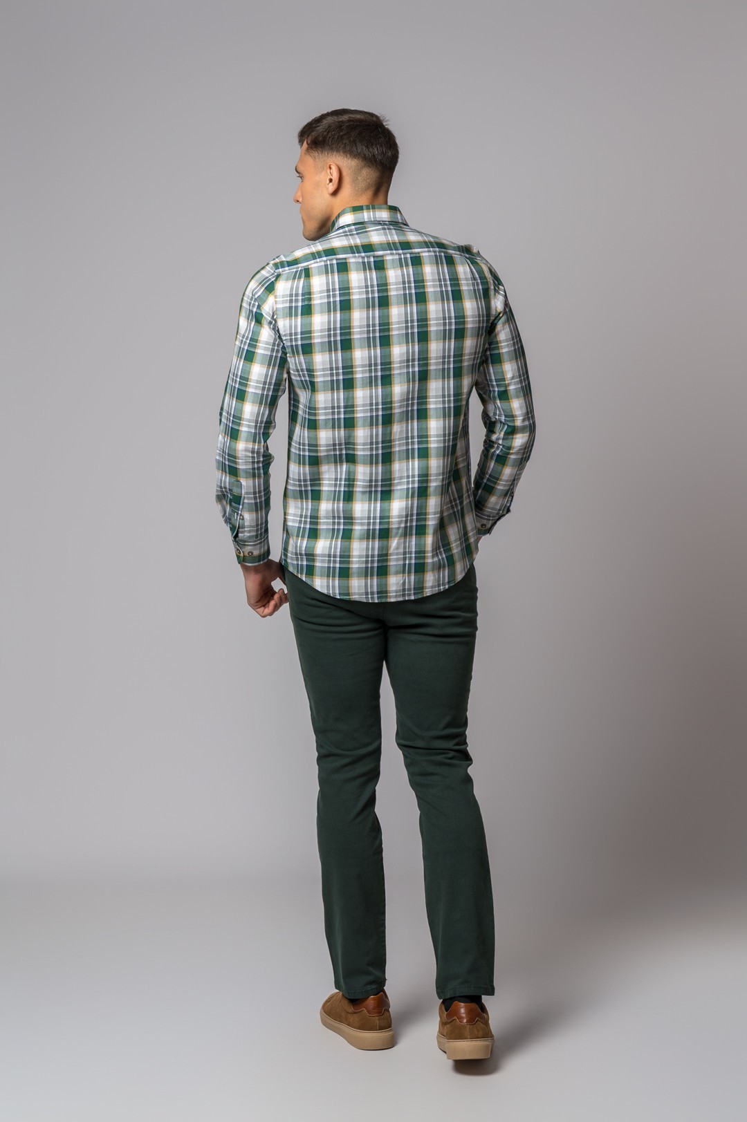 GREEN, MUSTARD AND GREY PLAID SHIRT