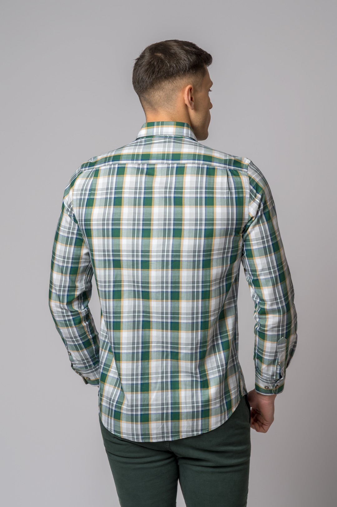 GREEN, MUSTARD AND GREY PLAID SHIRT