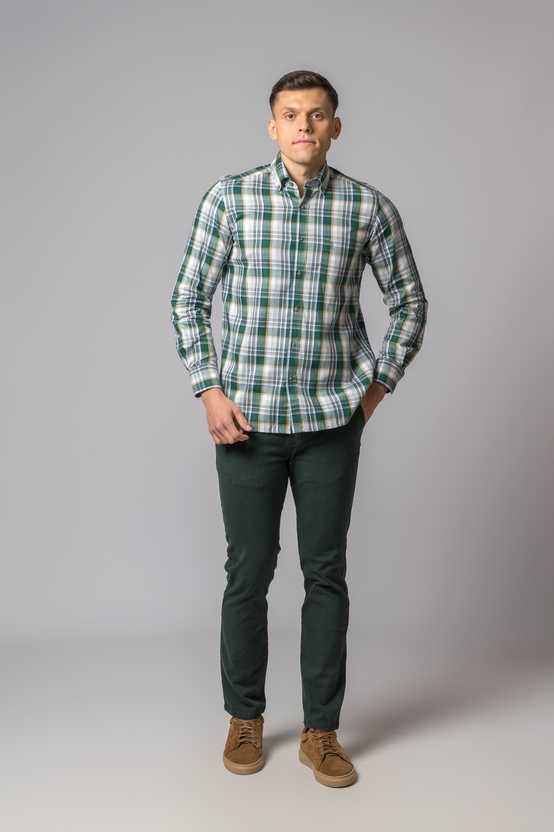 GREEN, MUSTARD AND GREY PLAID SHIRT