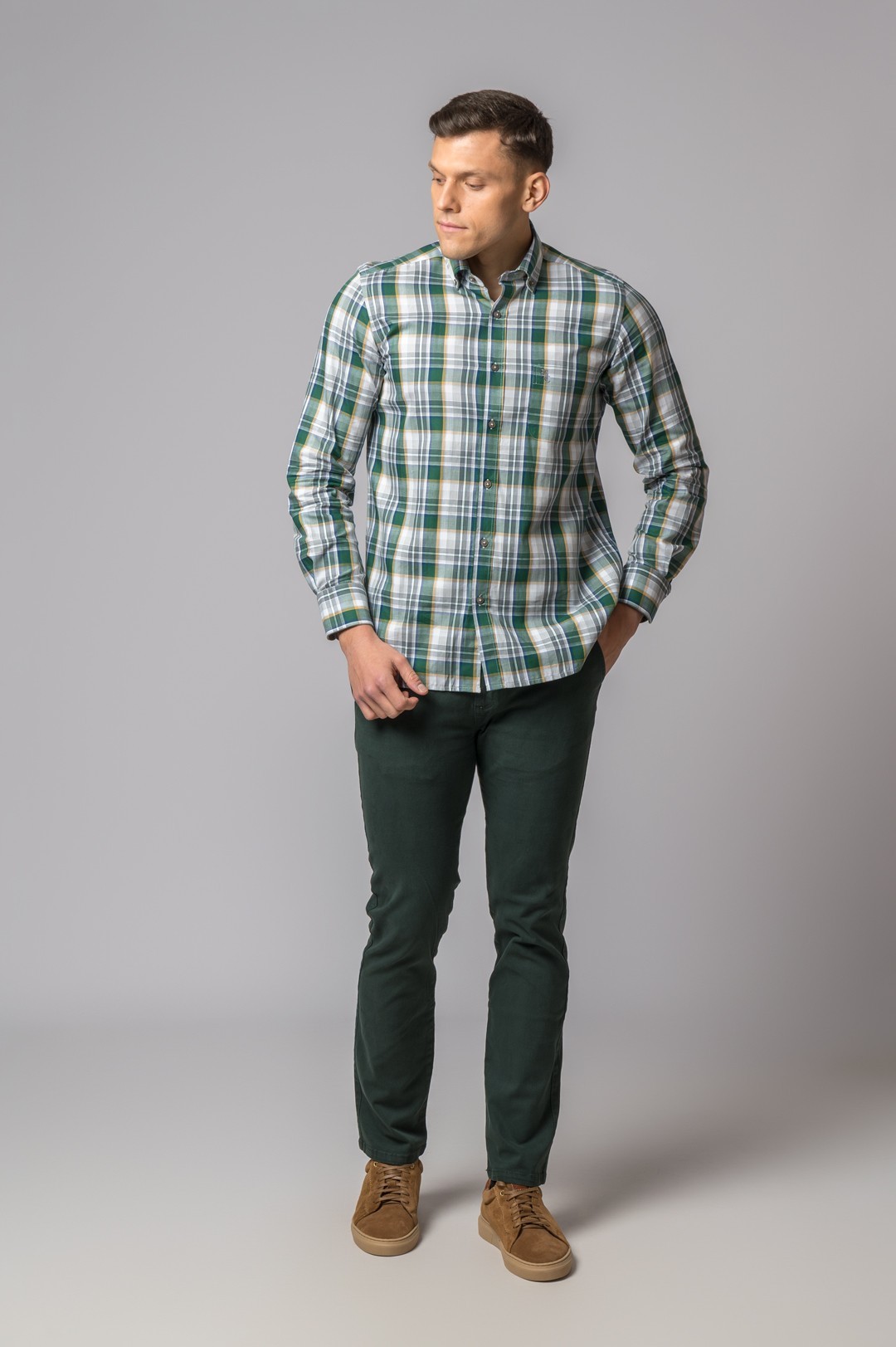 CAMISA CUADROS VERDE, MOSTAZA Y GRIS