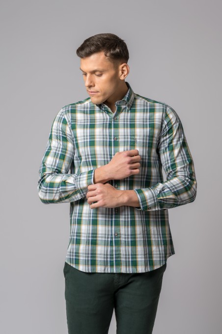 GREEN, MUSTARD AND GREY PLAID SHIRT