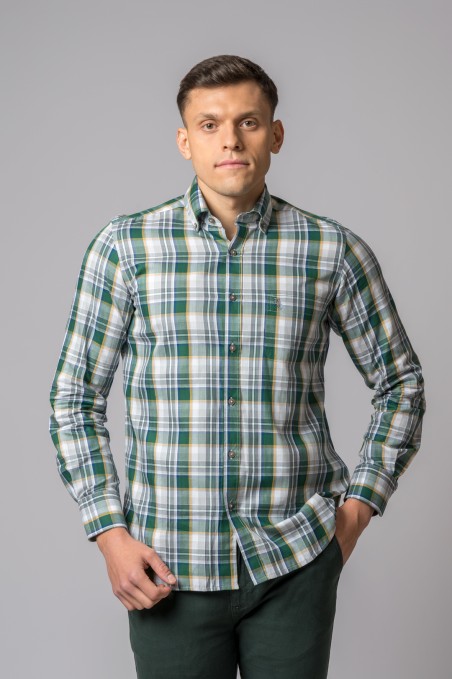 GREEN, MUSTARD AND GREY PLAID SHIRT