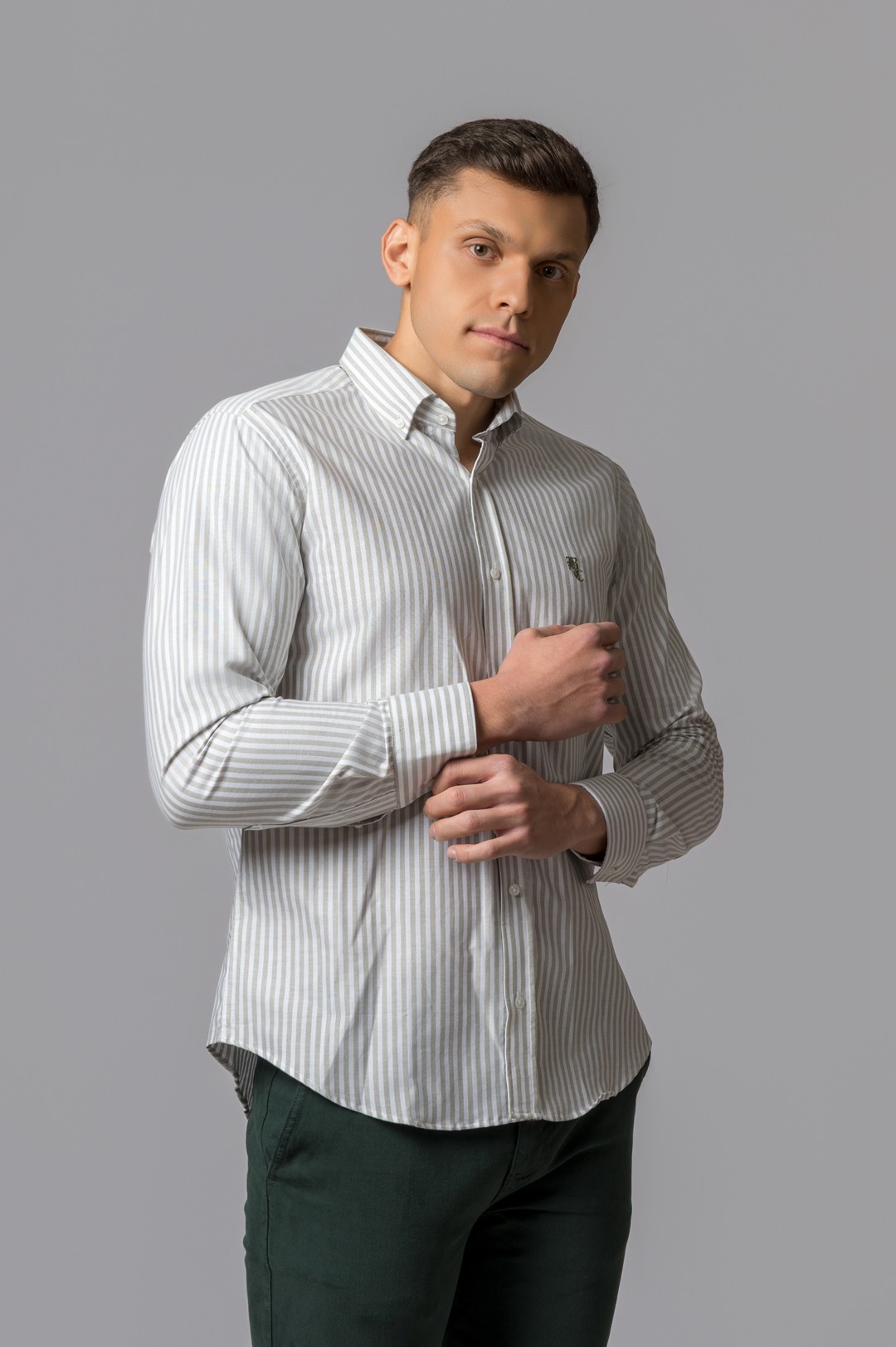 CAMISA RAYAS OXFORD VERDE GRISACEO