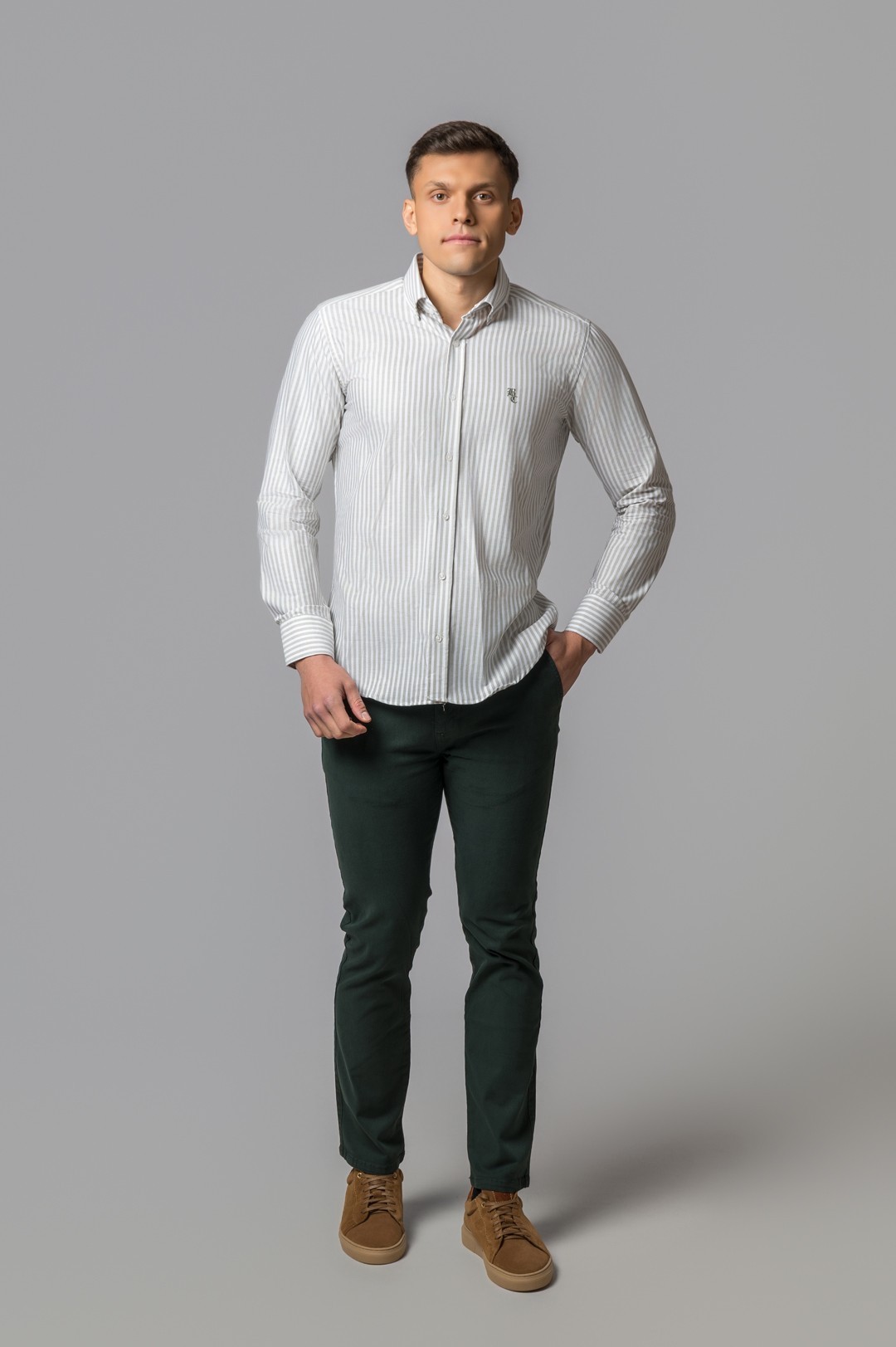 GRAYISH GREEN OXFORD STRIPED SHIRT