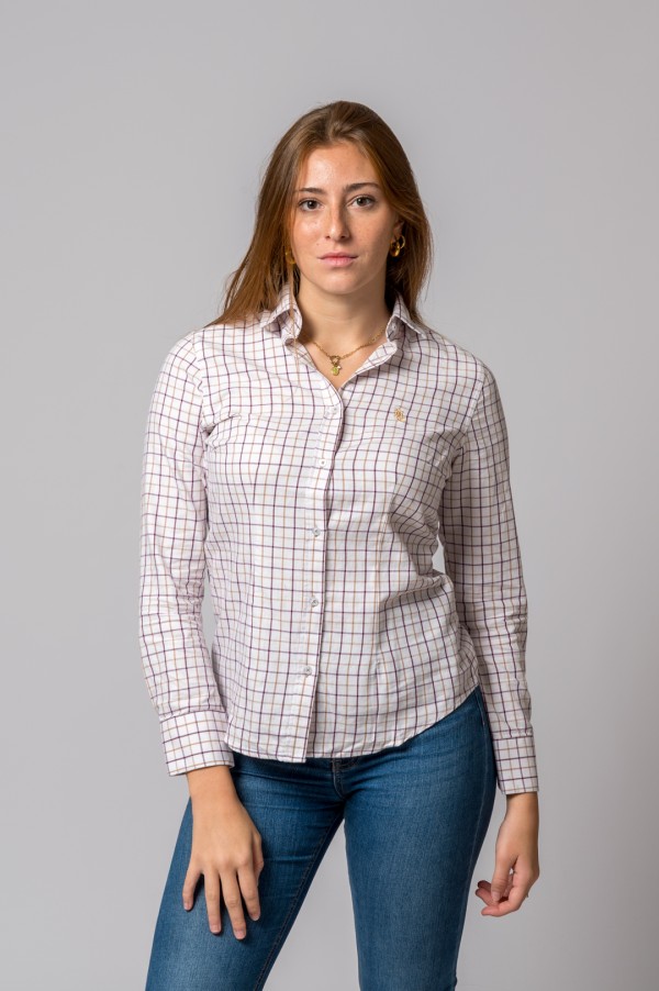 CAMEL AND BURGUNDY PLAID SHIRT