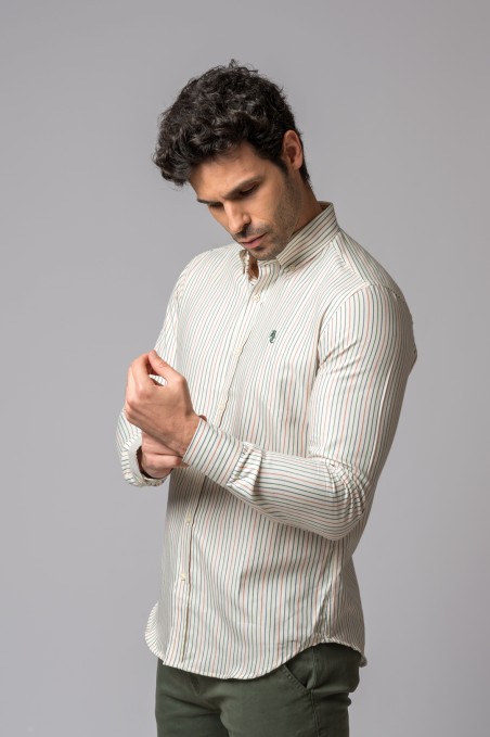 ORANGE, GREEN AND BLUE STRIPED SHIRT