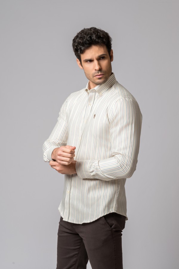 BLUE, CAMEL AND BURGUNDY STRIPED SHIRT