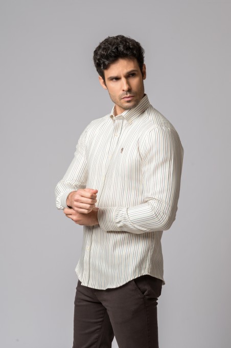 BLUE, CAMEL AND BURGUNDY STRIPED SHIRT